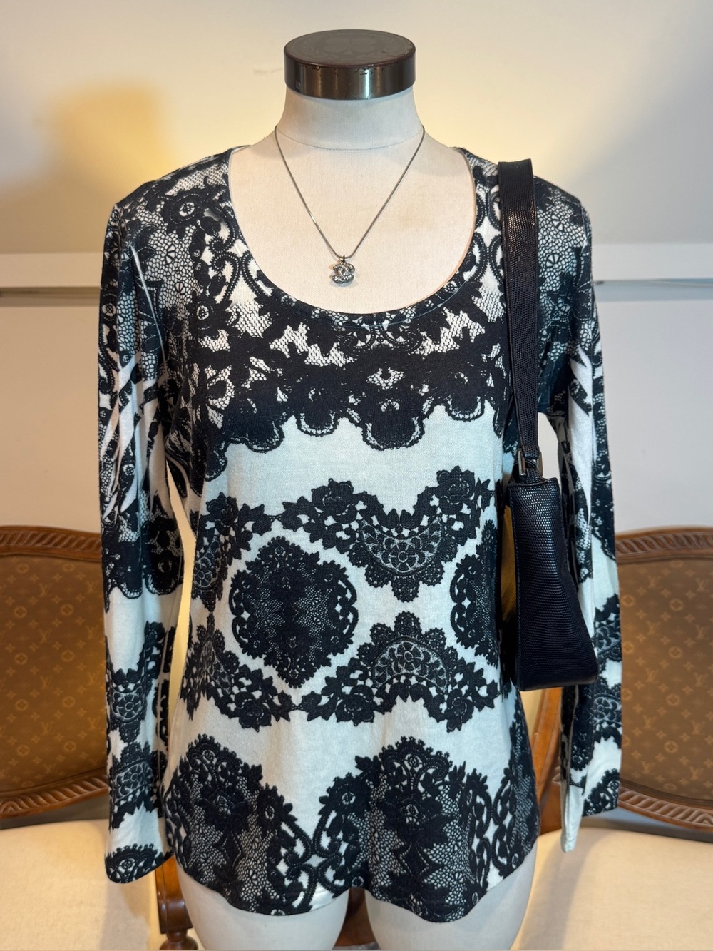 Vintage Cache Black & White Lace-Pattern Long Sleeve Top Whimsygoth Fairy Grunge